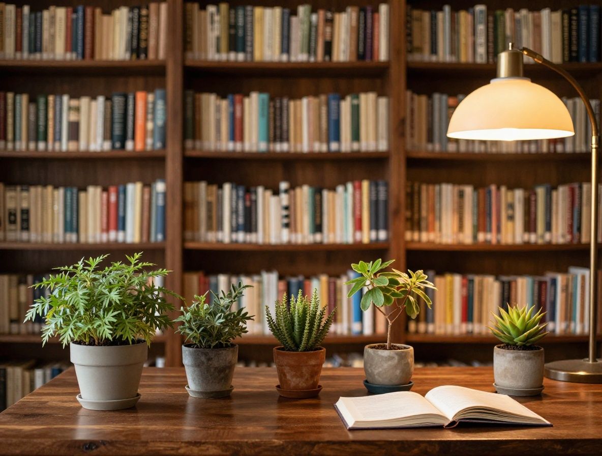 Biblioteca de madera oscura con estantes ordenados llenos de libros de botánica y nutrición, con luz cálida de lámpara de escritorio que ilumina una mesa de trabajo con notas y plantas secas prensadas