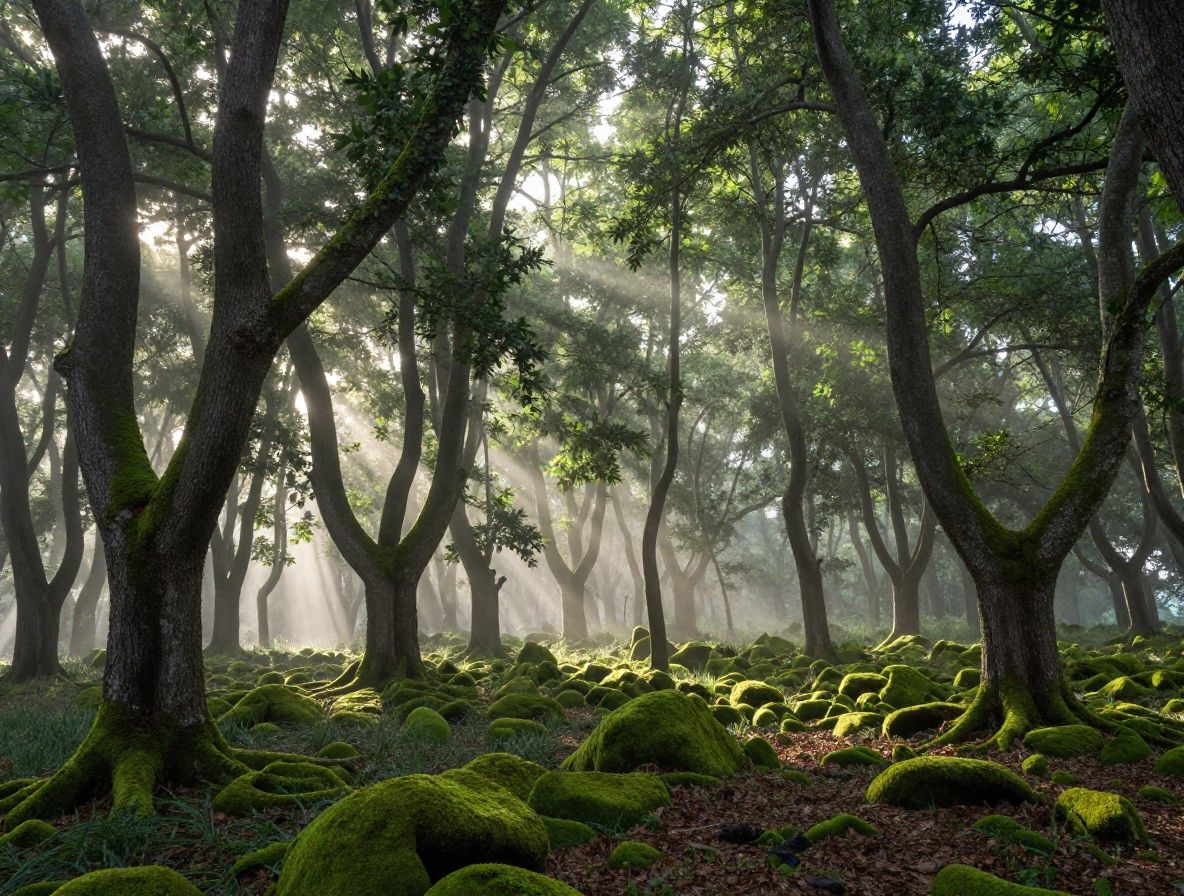 Sendero de bosque atlántico en España al amanecer, con árboles de roble y castaño cubiertos de musgo verde, rayos de luz solar filtrándose entre el follaje denso y vapor matutino en el suelo