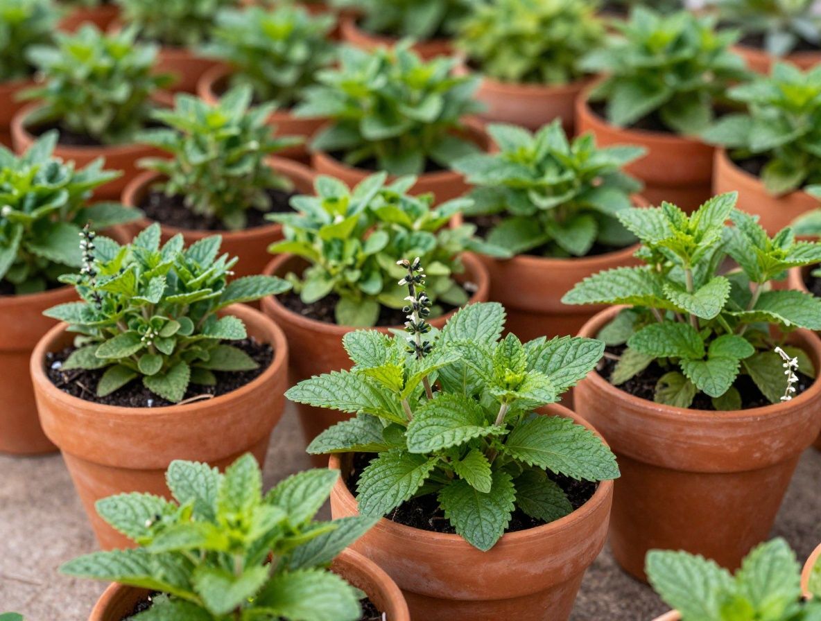 Jardín de hierbas aromáticas ordenado en terracota con macetas de barro rojo, plantas de albahaca, salvia y menta bajo luz de verano mediterráneo intenso con sombras definidas