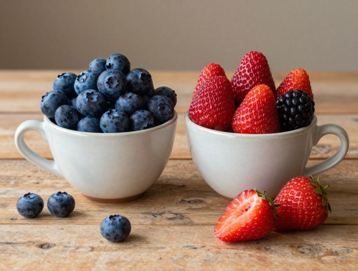 Mezcla de bayas silvestres frescas —arándanos azules, frambuesas rojas y moras negras— en un cuenco de cerámica sobre superficie de madera envejecida con tonos cálidos