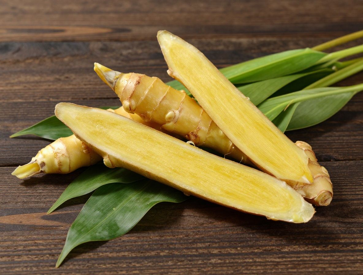 Raíz de jengibre fresco partida por la mitad mostrando su interior amarillo cremoso, rodeada de hojas verdes sobre una tabla de madera oscura con iluminación de estudio cálida
