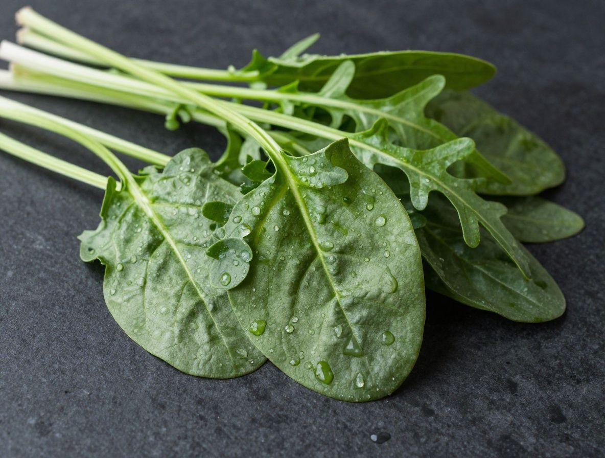 Variedad de verduras de hoja verde —espinacas, rúcula y acelgas— recién cosechadas con gotas de agua, dispuestas sobre fondo oscuro de pizarra con luz natural difusa