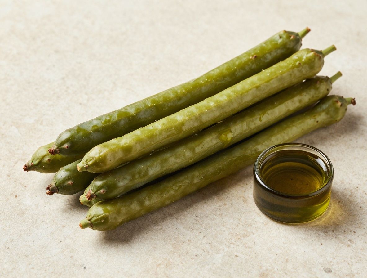 Aceitunas verdes y negras frescas sobre una rama con hojas, junto a un pequeño recipiente de aceite de oliva virgen extra dorado, sobre superficie rústica de piedra clara mediterránea
