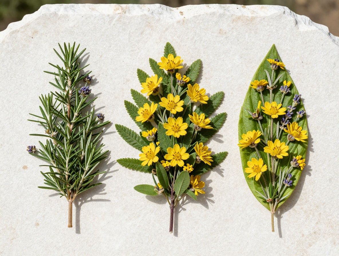 Ramo de hierbas mediterráneas secas —romero, tomillo y lavanda— colgadas en una pared de piedra blanca bajo luz natural intensa, con tonos dorados y verdes profundos