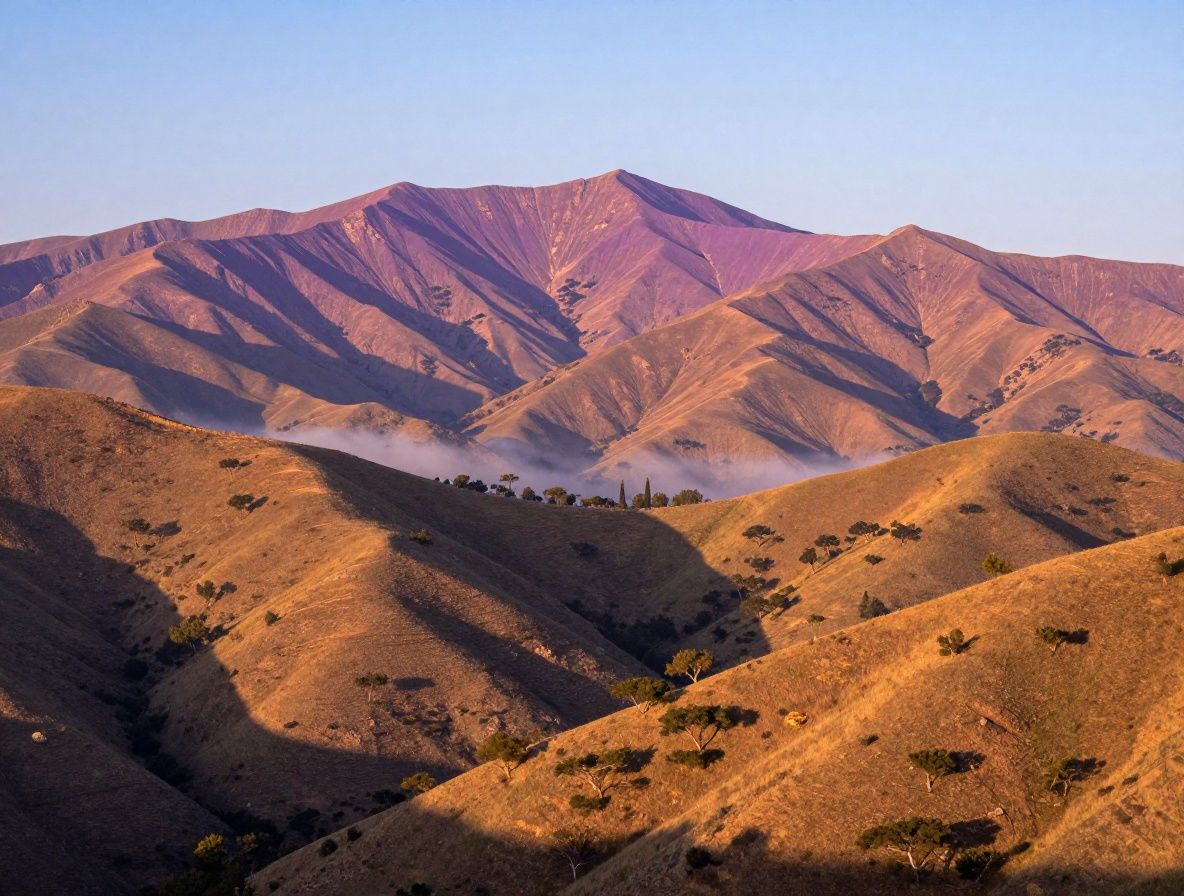 Paisaje de montaña mediterráneo al amanecer con niebla baja entre valles verdes, árboles de encina en primer plano y cielo de tonos naranja y violeta suave