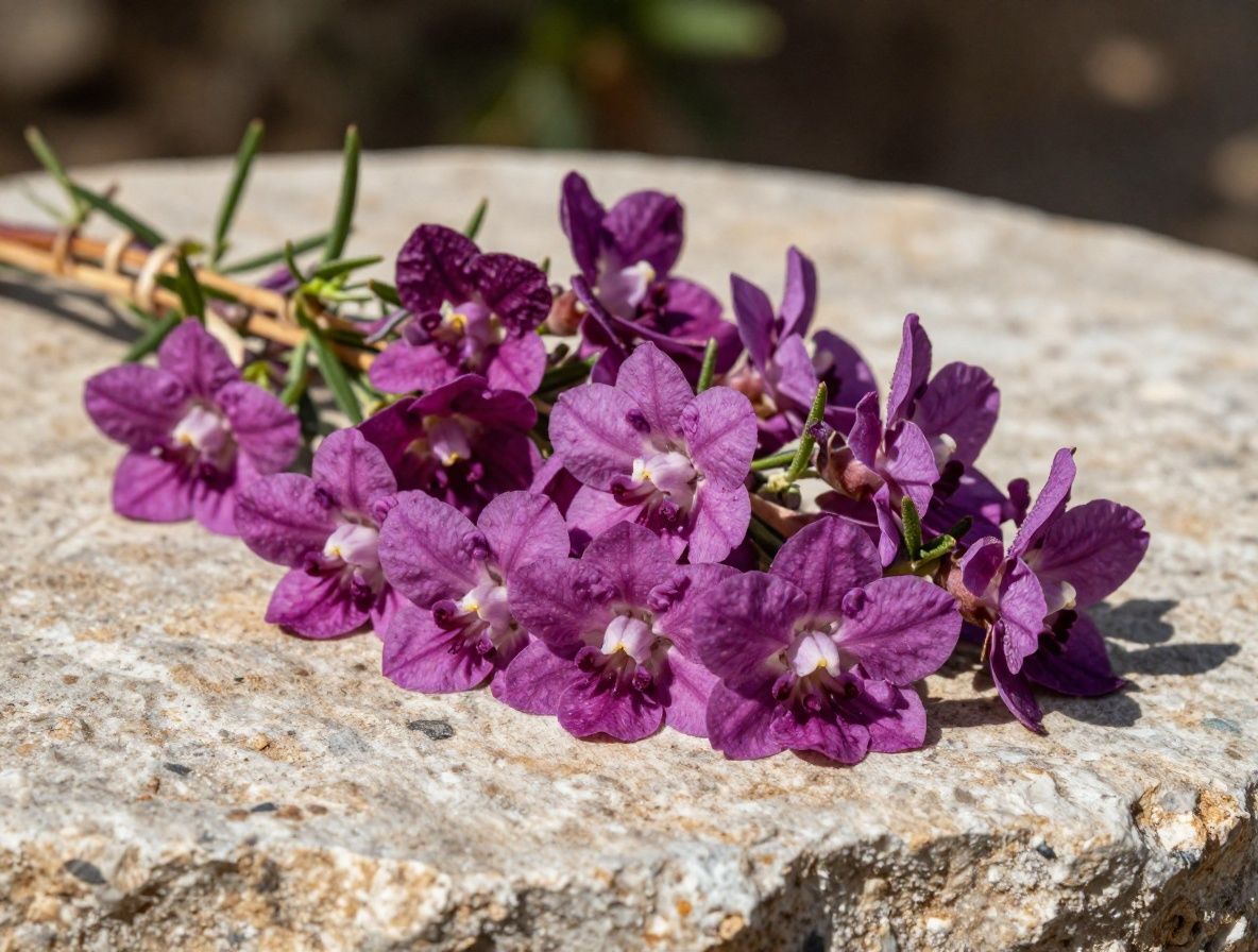 Ramitas de romero fresco con flores moradas pequeñas, recogidas en un manojo con hilo de yute sobre superficie de piedra rústica al sol mediterráneo brillante