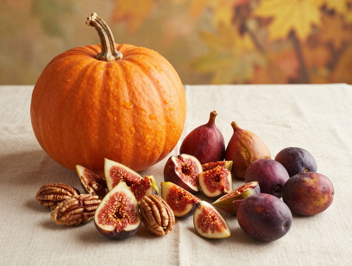 Mesa con alimentos de temporada de otoño —calabaza naranja, granadas abiertas, higos frescos, nueces y uvas moradas— sobre mantel de lino natural con luz cálida de ventana lateral